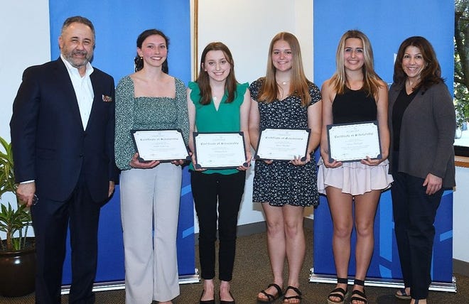 Recipients of FedPoint’s inaugural nursing scholarships, awarded in May 2023. Pictured from left to right are FedPoint CEO Paul Forte, scholarship recipients Emily Roberge, Marisa Behl, Maya Barthel, Grace McHugh, and FedPoint Director of Care Coordination Marilyn Staff, RN.