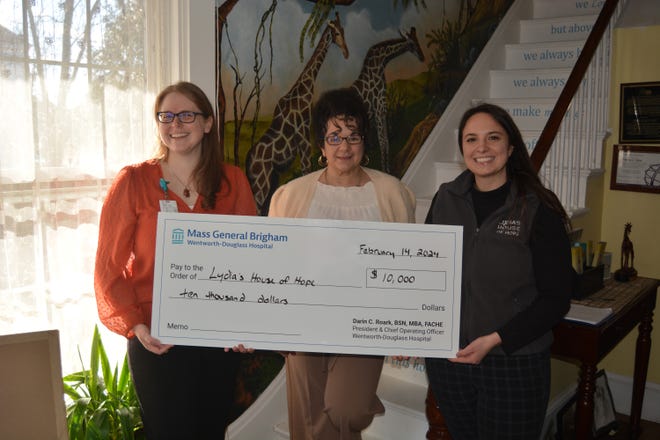 From left to right are Meaghan Heusler, Community Benefits Manager at Wentworth-Douglass Hospital, Theresa Tozier, Executive Director/Founder of Lydia’s House of Hope, Maria Benzekri, Administrator, Lydia’s House of Hope.