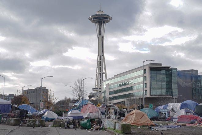 A homeless encampment in downtown Seattle seen in November 2021.