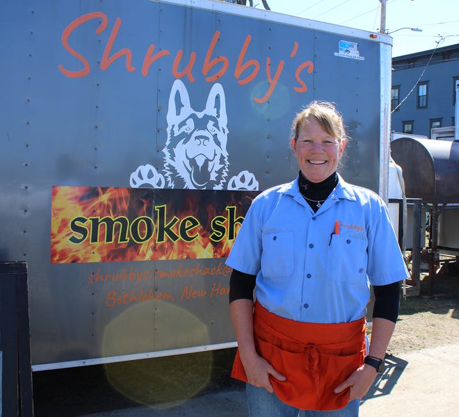 Kerry Bushwell of Shrubby’s Smoke Shack says eclipse visitors have been good for the food truck business in Lancaster, New Hampshire, Monday, April 8, 2024.